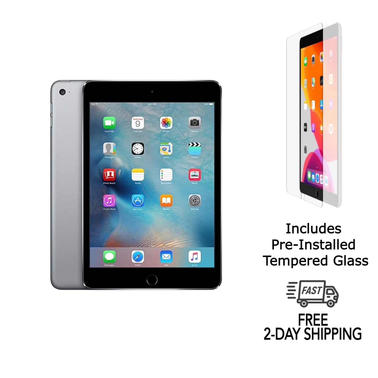 Refurbished Apple iPad Mini 4 A1538 (WiFi) 16GB Space Gray (Grade A+) w/ Pre-Installed Tempered Glass