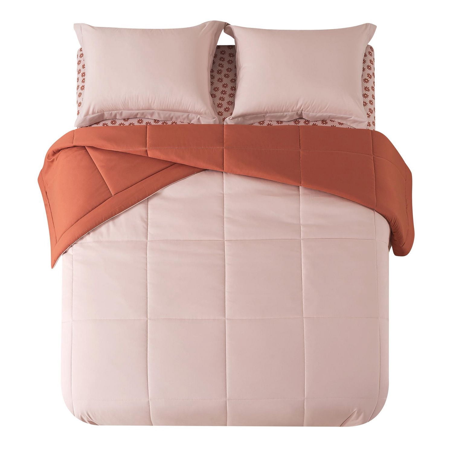 Mainstays – Ensemble de literie tout-en-un réversible avec couette et draps, 5 pièces, format simple très grand (Twin XL), rose blush