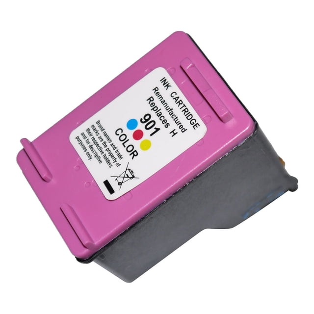 L-ink Cartouche d'Encre Tricolore Compatible HP 901TG à Rendement Élevé (CC656AN) Montrée en Gros Plan avec Dessus en Plastique Rose et Étiquette Blanche Indiquant Qu'elle Remplace la Cartouche Tricolore HP 901. Cette Cartouche Remanufacturée Offre une Qualité d'Impression Claire et Nette avec un Rendement de 360 Pages, Idéale pour OfficeJet 4500 et les Imprimantes Compatibles comme Consommable d'Impression Économique.
