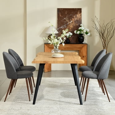 Homy Casa 5-Piece Dining Set, Natural Wooden Kitchen Table with 4 Upholstered High-Back Grey Fabric Dining Chairs, Contemporary Live Edge Design