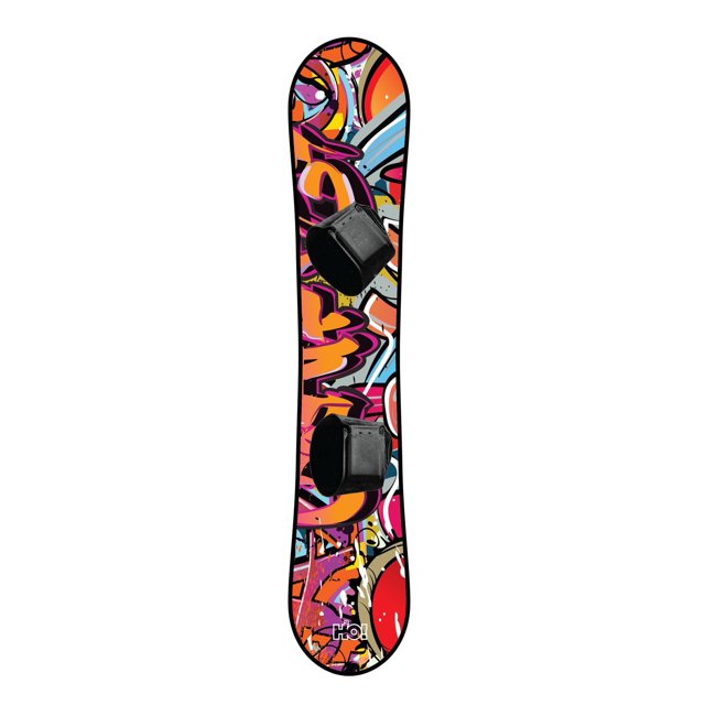 H20 Echos 110 Snow board with twin tip freestyle design featuring vibrant graffiti-style artwork in orange, red, purple, blue, and black, equipped with fully adjustable black bindings for precision and stability on moguls, also suitable for freestyle snowboarding tricks.