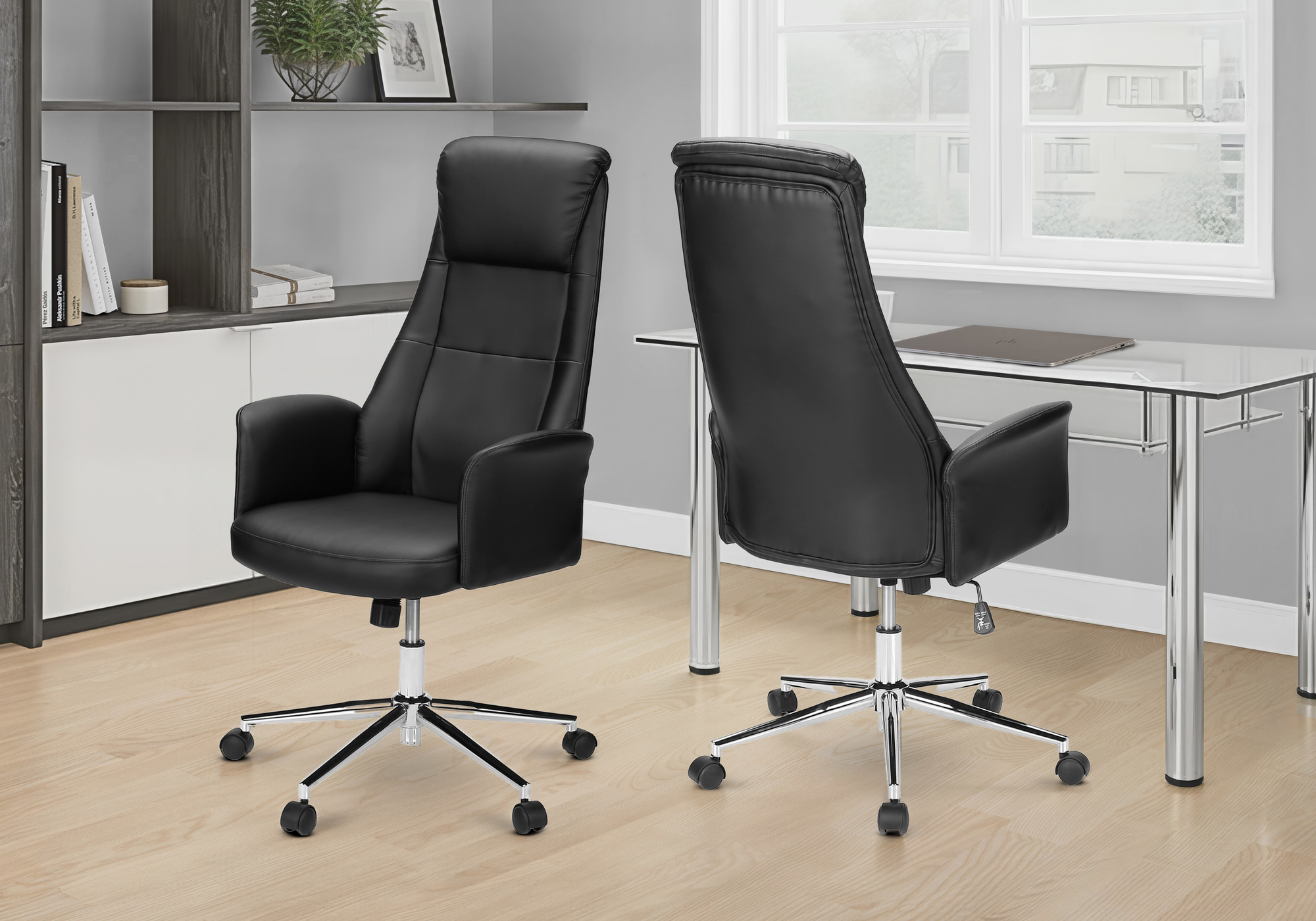 Monarch Specialties - Chaise De Bureau, Hauteur Réglable, Ergonomique, Pivotant, Accoudoir, Travail, Aspect Cuir Noir, Métal Chromé, Contemporain, Moderne