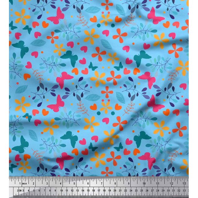 Soimoi Blue Poly Georgette Fabric Flower & Butterfly Printed Fabric 1 Yard 52 Inch Wide