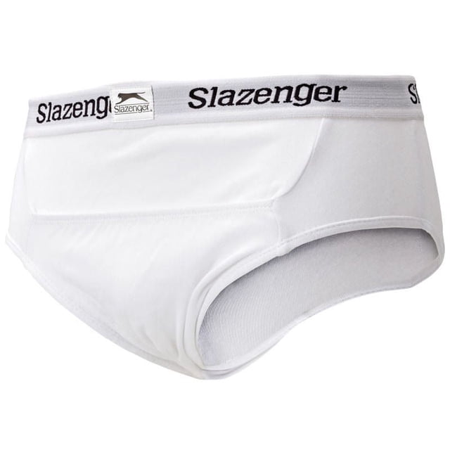 Slazenger Small Pro Jock Brief in white cotton with elasticated waistband featuring Slazenger branding and an elasticated abdominal protector pouch, designed for baseball protective gear in team sports.