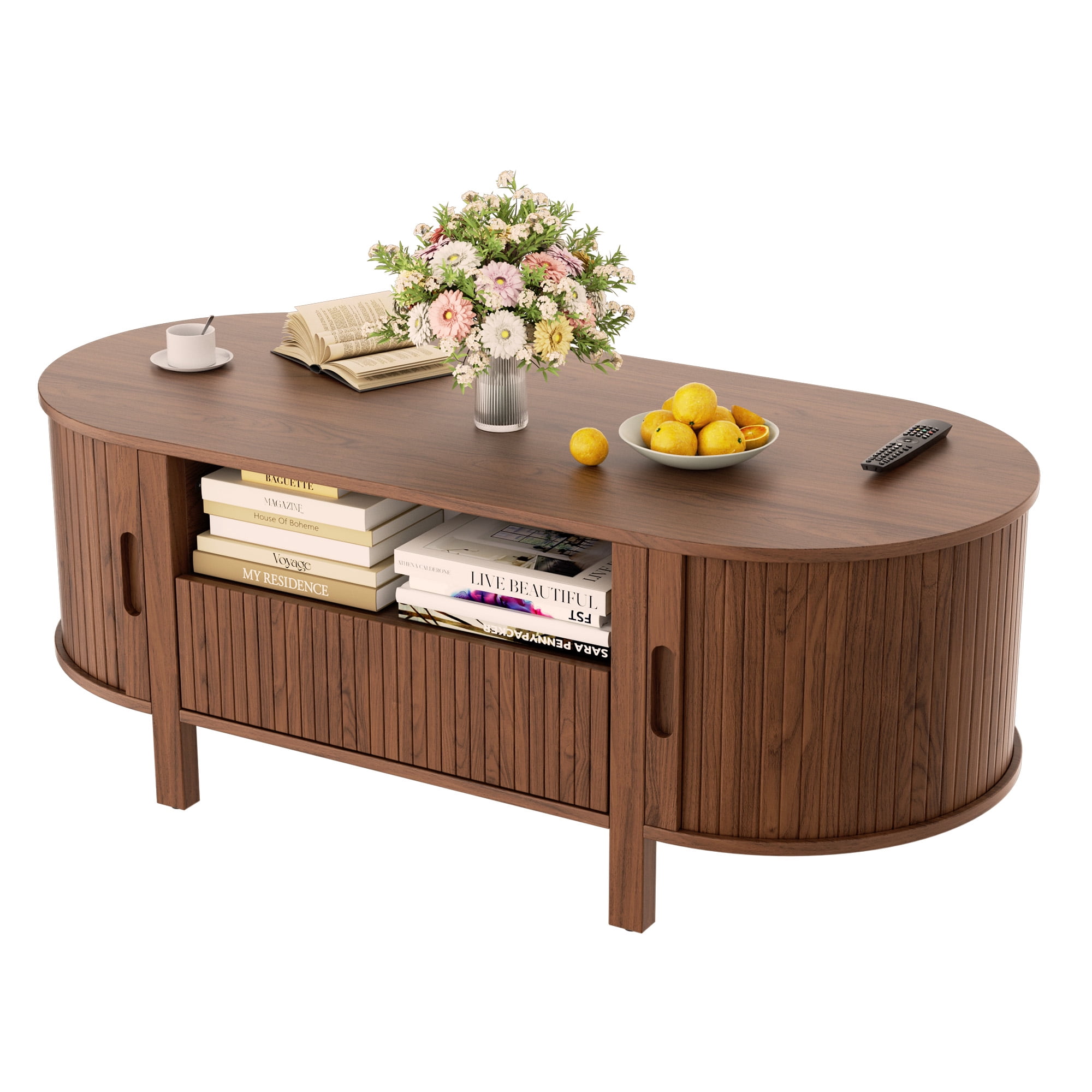 MARNUR Coffee Table with Storage and Tambour Sliding Door, Mid Century Modern Center Table with Drawer for Living Room, Walnut