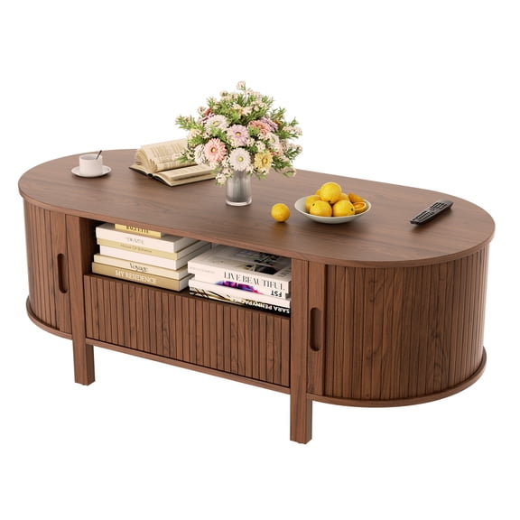 MARNUR Coffee Table with Storage and Tambour Sliding Door, Mid Century Modern Center Table with Drawer for Living Room, Walnut