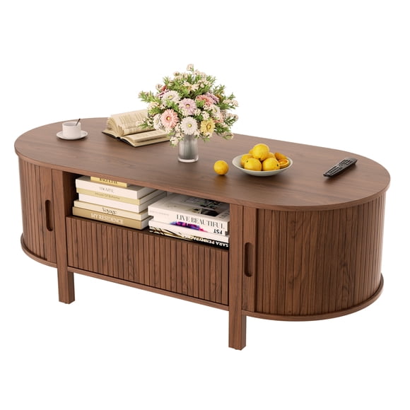 MARNUR Coffee Table with Storage and Tambour Sliding Door, Mid Century Modern Center Table with Drawer for Living Room, Walnut
