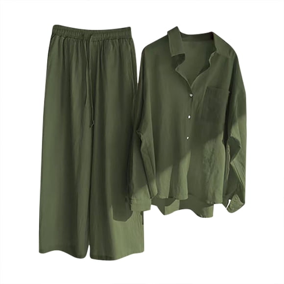 PBNBP Linen Sets for Women 2 Piece,Women 2 Piece Linen Sets Button Down Linen Shirts Summer Loose Long Pants Vacation Beach Outfits