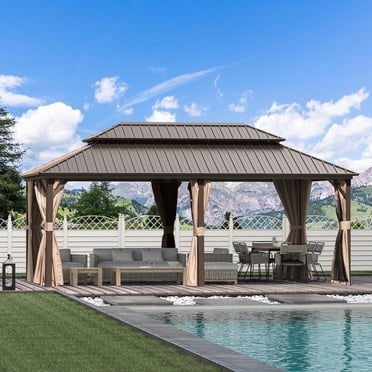 Domi Outdoor 12x20 ft Hardtop Gazebo Canopy Metal with Galvanized Steel Double Roof,Curtain & Netting for Patio Deck Backyard, Brown