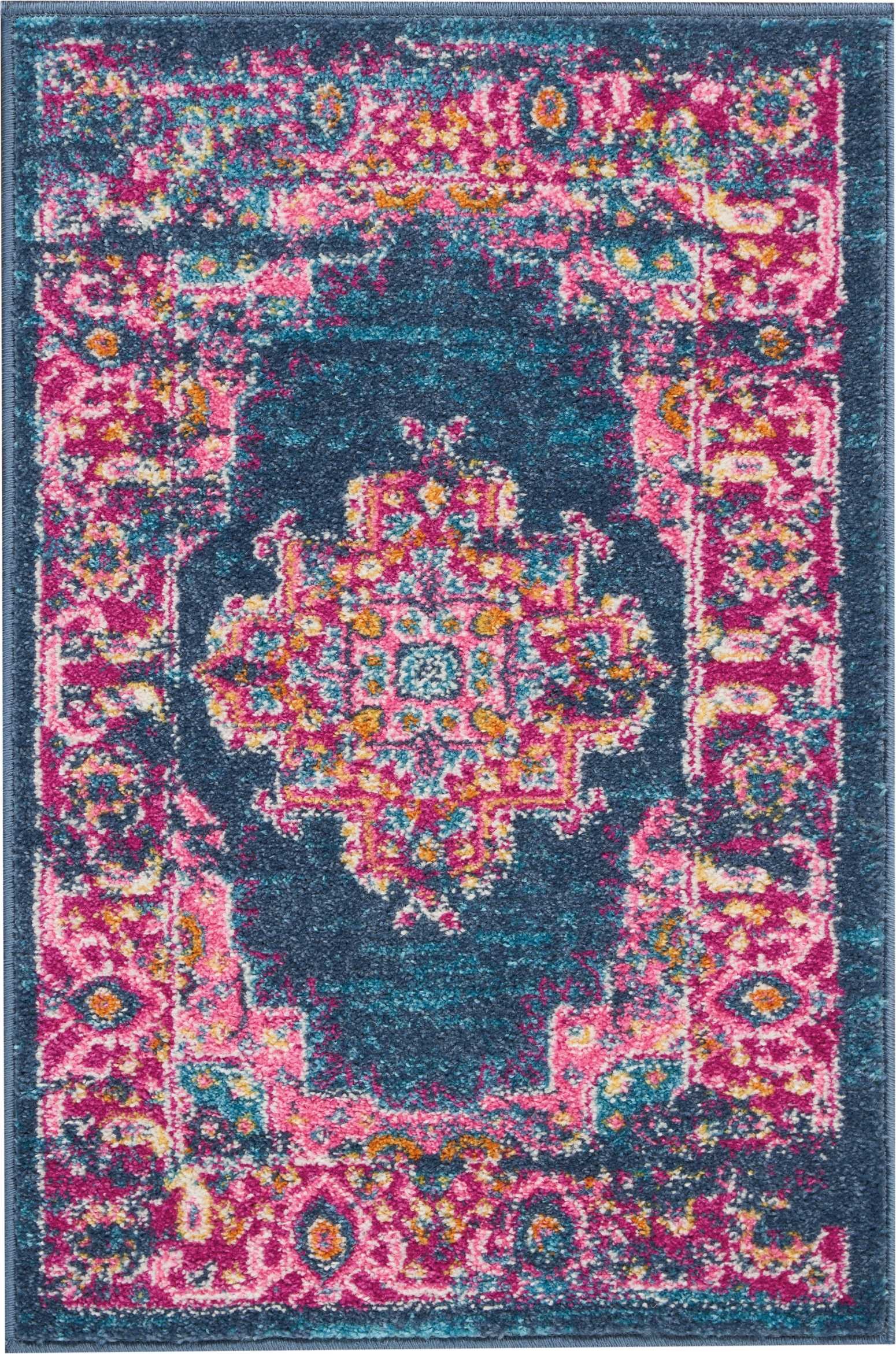homeroots home decor 385251 2’ x 3’ Blue and Pink Medallion Scatter Rug