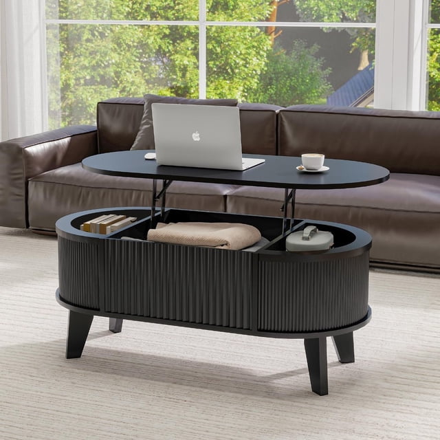 Modern Black Fluted Lift Top Coffee Table, Oval Storage Table with ...