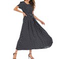 thumbnail image 3 of Robes d'Été Noires pour Femmes 2022 Mode Femmes Col Rond Manches Courtes Plage Pois Bandage Longue Robe Maxi, 3 of 8