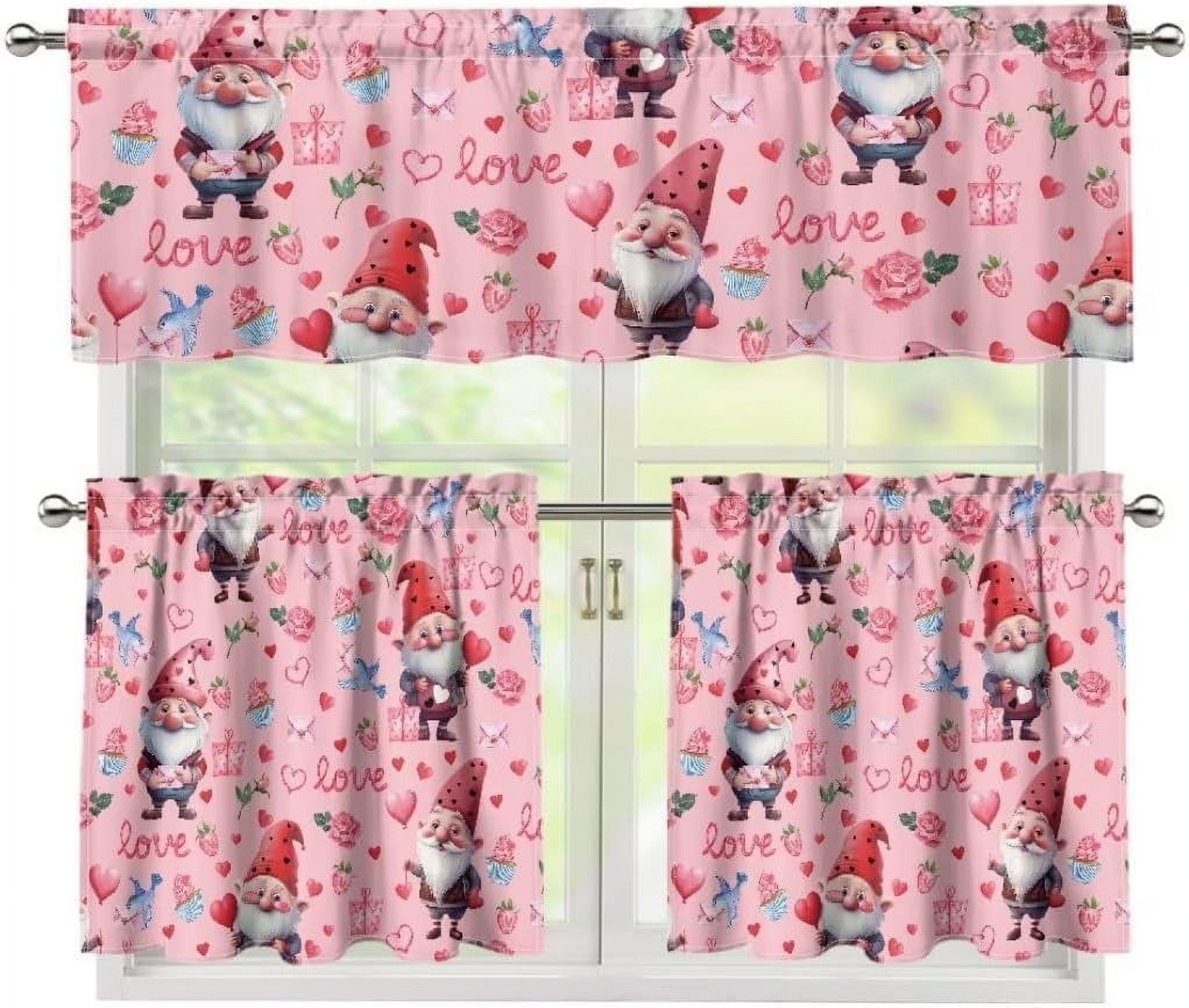 Valentine''s Day Kitchen Curtains Valance Set of 3,Cute Dwarf 36 Inch Length Tier Curtains with Valance Love Heart Rose Cafe Bar Window Curtains, Rod Pocket,Easy to Install