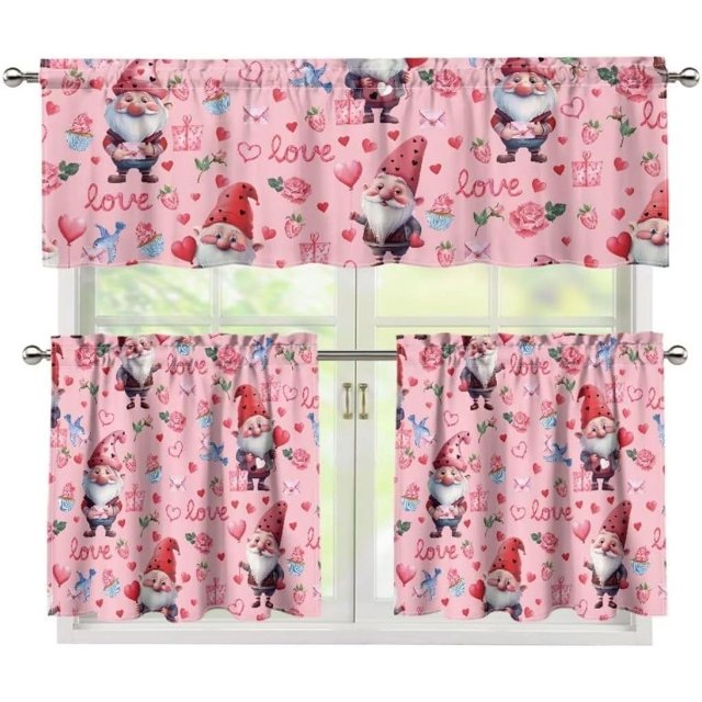 Valentine''s Day Kitchen Curtains Valance Set of 3,Cute Dwarf 36 Inch Length Tier Curtains with Valance Love Heart Rose Cafe Bar Window Curtains, Rod Pocket,Easy to Install