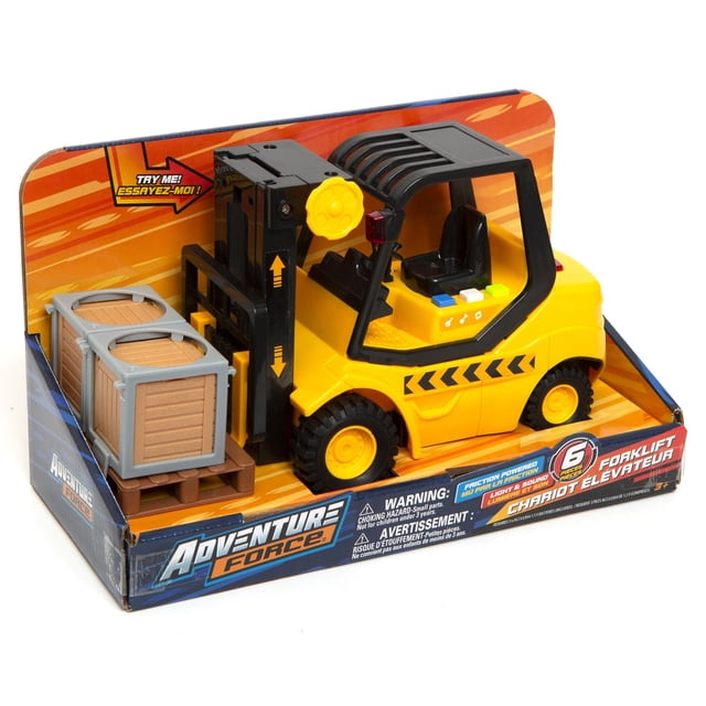 L&S FORKLIFT toy by Adventure Force, a yellow and black plastic forklift truck with friction-powered movement, realistic lifting action, and light and sound features, including a brown pallet with two cargo boxes, suitable for children ages 3 and up, displayed in a colorful retail package.