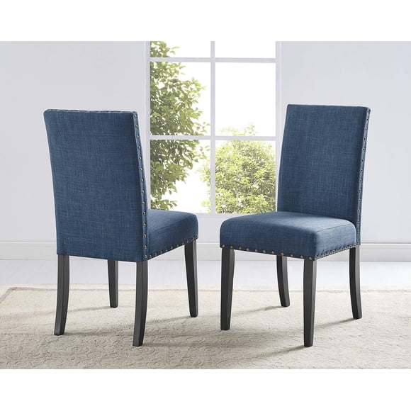 Roundhill Furniture Biony Blue Fabric Dining Chairs with Nailhead Trim, Set of 2