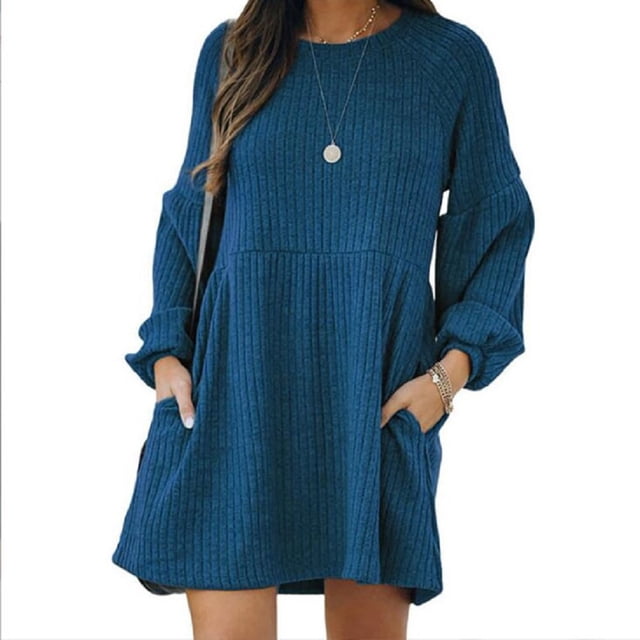 MesaSe Jupe Côtelée Tricotée pour Femmes Manches Lanterne Col Rond Robe Courte Chandail Jupe avec Poches Automne Hiver Jupe Inférieure