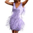 thumbnail image 1 of CEHVOM Mode Femmes Aguichant Col en V Couleur Unie à Franges Robe Sans Manches Jupe Courte, 1 of 5