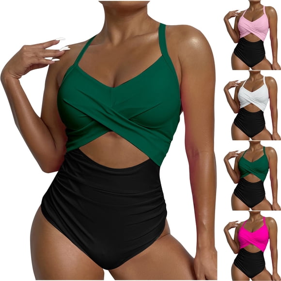 CFLVAEK One Piece Swimsuits for Women Patchwork Tummy Control Cutout Bathing Suits Criss Cross Back Cheeky Swimwear Color Block Tie Back Beachwear Pink L
