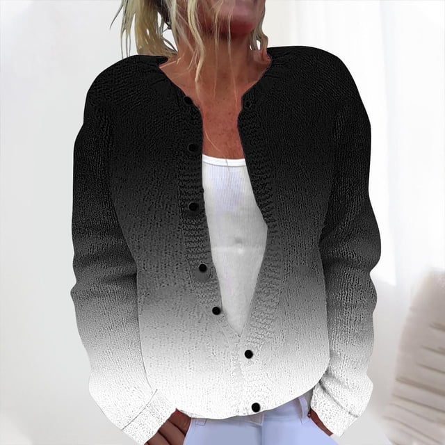 LOVZFMLL Cardigan for Women Ladies' Casual Printed Knitted Cardigan with Button Up Jacket and Top in grey. This women's sweater features a lightweight knitted texture with a gradient design transitioning from black at the top to white at the bottom. It has long sleeves, a button-up front, and a regular length, styled over a white tank top and paired with light pants. Ideal for casual occasions such as daily wear, holidays, work, or as a stylish coverup for women.