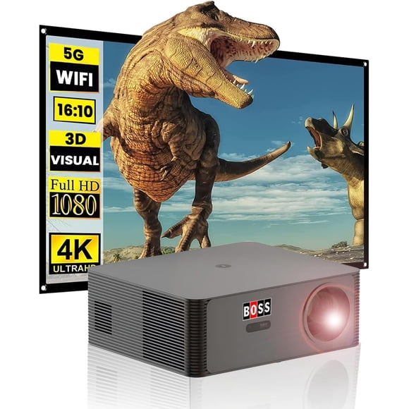 Projecteur 4K à Mise au Point Automatique avec Wi-Fi 5G, 6000 L BOSS Mini Projecteur Portable, Projecteur de Films Extérieur, Projecteur de Cinéma Maison pour iPhone/Android/TV Stick/HDMI/USB/ordinateur Portable/ PS5, Projecteur Bluetooth avec Écran