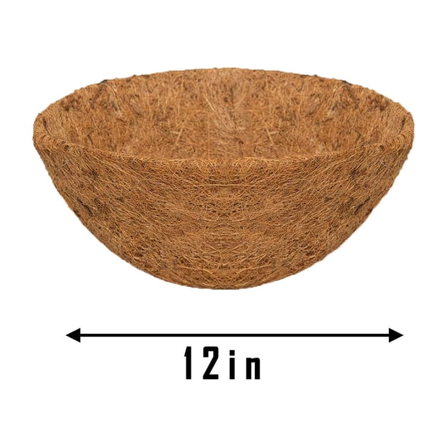 Aqestyerly Hanging Basket Coconuts Fiber Planter Inserts Replacement Liner for Flower Pot, crafted from natural coconut fiber in a half-moon shape. The liner measures 12 inches in diameter and is ideal for retaining moisture in flower baskets. Perfect for garden decoration, outdoor planters, and planter supplies.