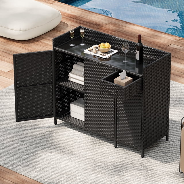 Armoire de Rangement pour Patio Extérieur, pour Patio Terrasse Jardin, Noir Brun, Rotin et Métal, 47.5 x 15.8 x 39.5 Po