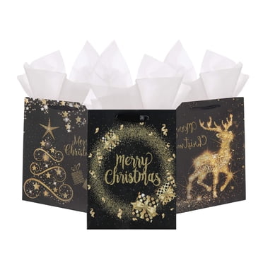Sacs de Noël Élégants Haut de Gamme Noir et Or Scintillants Assortis Ensemble de 12-6 Sacs Moyens et 6 Grands Sacs-Cadeaux en 4 Modèles Chics