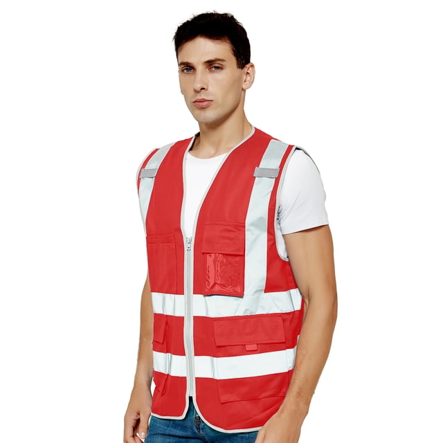 TOPTIE Class 2 High Visibility Zipper Front Safety Vest 9 Pockets and Reflective Strips Meets ANSI/ISEA Standards