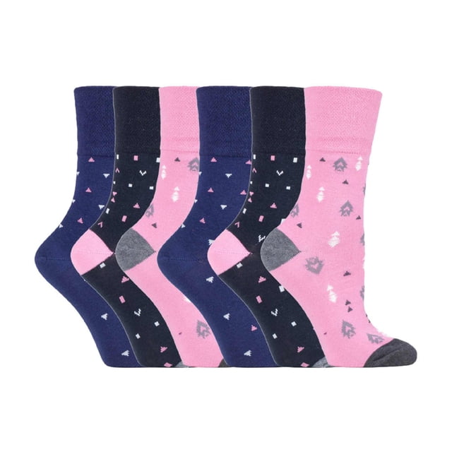 Gentle Grip - 6 Pairs Ladies Gentle Grip Non Elastic Socks featuring a mix of pink and navy designs with subtle patterns. Made from cotton-rich yarn with a HoneyComb Top for comfort, these women's dress socks are ideal for individuals with circulatory issues or swollen legs. Includes flat seamed toes for breathability and wearability.