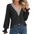 thumbnail image 1 of Womens V- Neck Hollow Lace Stitching Recreational Trumpet Sleeve Long Sleeve Tops, 1 of 1