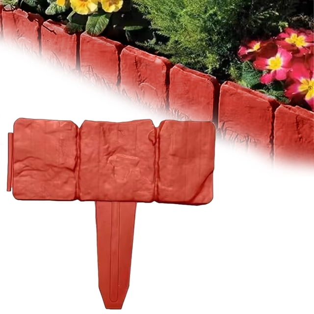 Garoy Bordure de Jardin en Plastique Aspect Pierre, Clôture Décorative de Plate-Bande pour Aménagement Paysager, 10 Pcs de Piquets de Pelouse Rouges Emboîtables, Bordure Effet Galets en Plastique pour Pelouse, Pierre de Bordure de Paysage