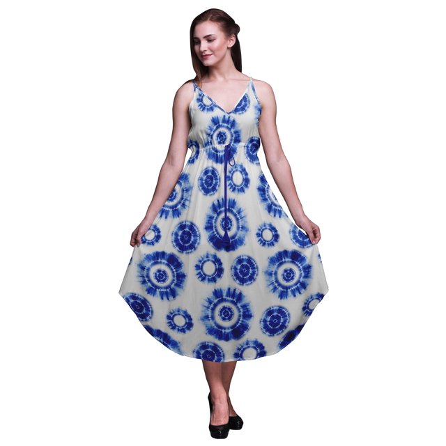Bimba Tie-Dye Ladies Printed Resort Midi Drawstring Dress Spaghetti Strap Beach Wear-Small