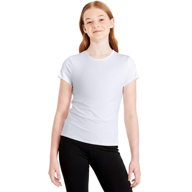 Athletic Works Girls' Crew-Neck Active T-Shirt centered front view of a short-sleeve crew-neck girls' athletic tee with straight hem, smooth knit texture and slight stretch; features DRI-MORE wicking for moisture management, designed for gym class, sports or casual wear, and often used as an everyday active layer.