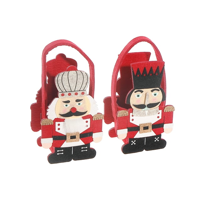Felt Nutcracker Basket set of 2 featuring festive nutcracker soldier designs in red, black, and white polyester felt with gold accents and handles, measuring 5.2 x 3.6 x 8.2 inches, suitable for holiday tabletop décor or storing small gifts and treats.