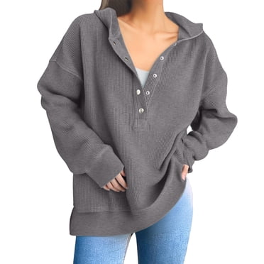 Oversized Sweatshirt for Women, Comdrip Womens Fashion 2025 Oversized Long Sleeve Hoodie Button Down V Neck Sweatshirt Side Slit Casual Pullover Tops Womens Oversized Sweatshirt Grey M
