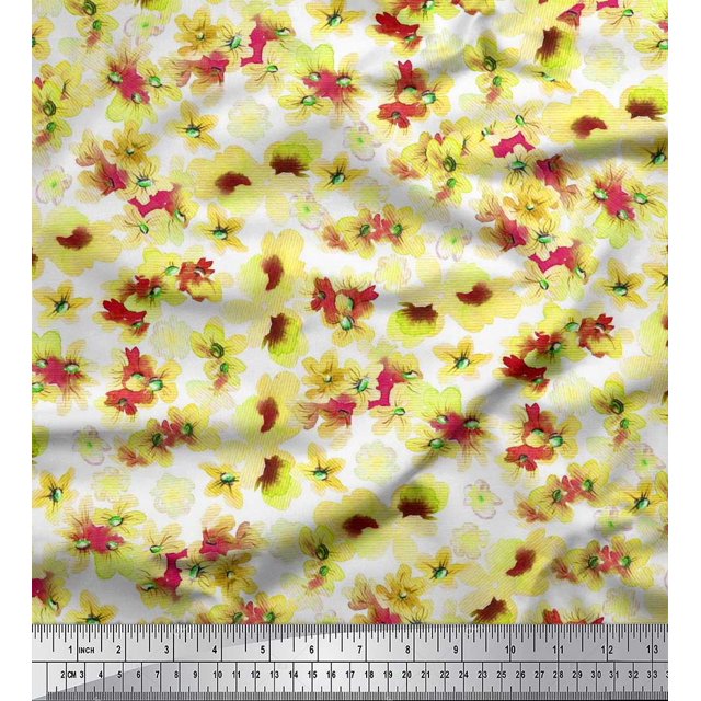 Soimoi Yellow Poly Georgette Fabric Floral Print Fabric by The Yard 42 Inch Wide
