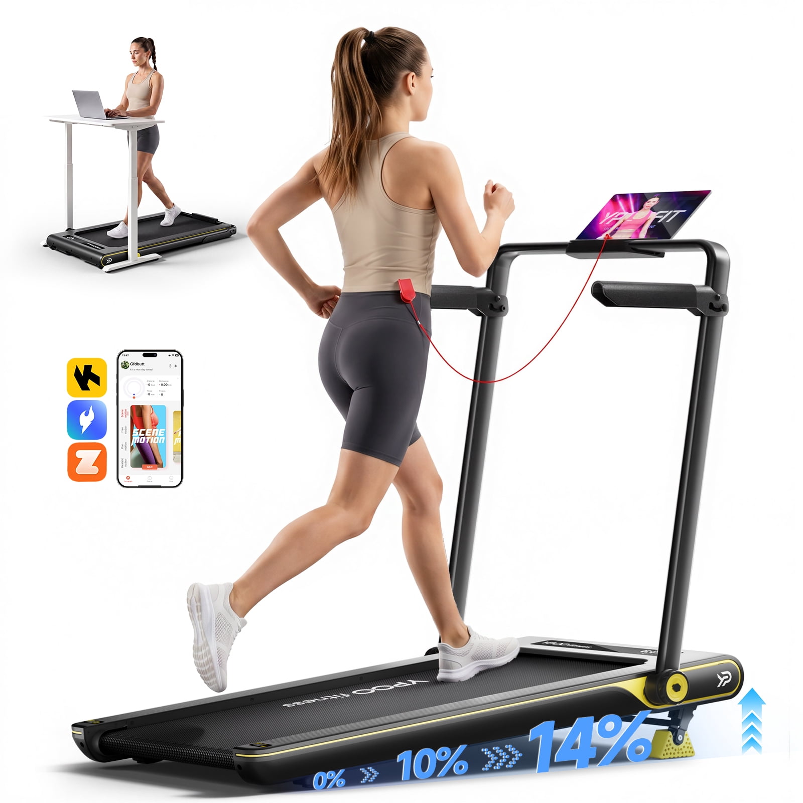 YPOO Folding Treadmill with 14% Incline, Walking Pad with 6.2 MPH for Home Running Walking, 350 lb Capacity, App & Remote Contro