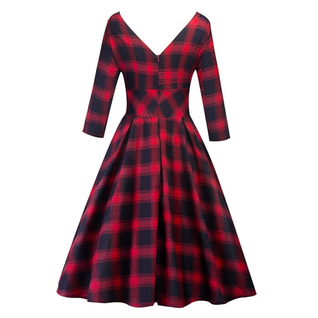 Pompotops Robe vintage Élégante à Manches Mi-Longues pour Femme, Mode Décontractée, à Carreaux, en Solde