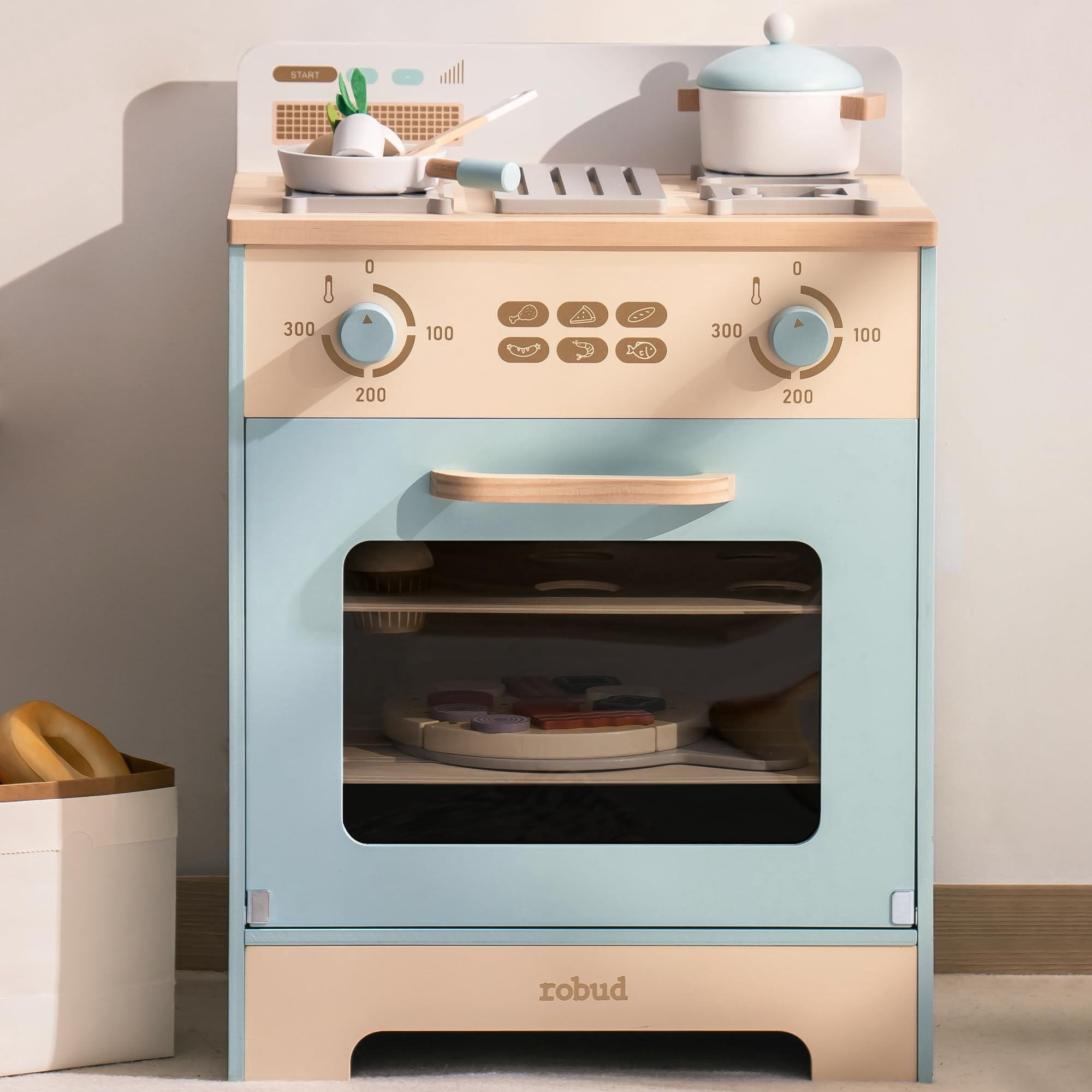 ROBUD Wooden Kids Oven, Realistic Wooden Play Kitchen Set, Pretend Play Kitchen Accessories Toy Kitchen Set for Kids with Cupcakes, Pizza, Tray &ndash; B