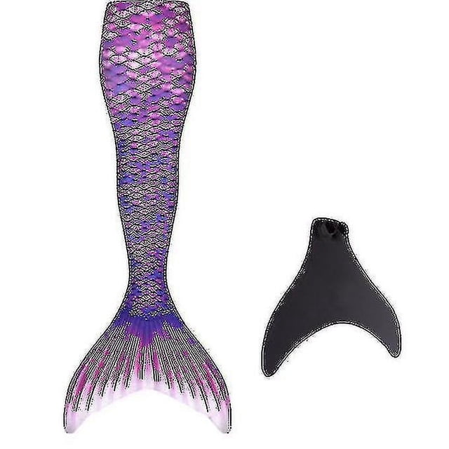 Children's Wearable Mermaid Tail Swimming Mermaid Tail in a vibrant purple and pink scale pattern, paired with a black premium monofin. Designed for speed, comfort, and safety, the tail features built-in armor for durability and neoprene covers for a natural fit. Ideal for water sports and swimming activities.
