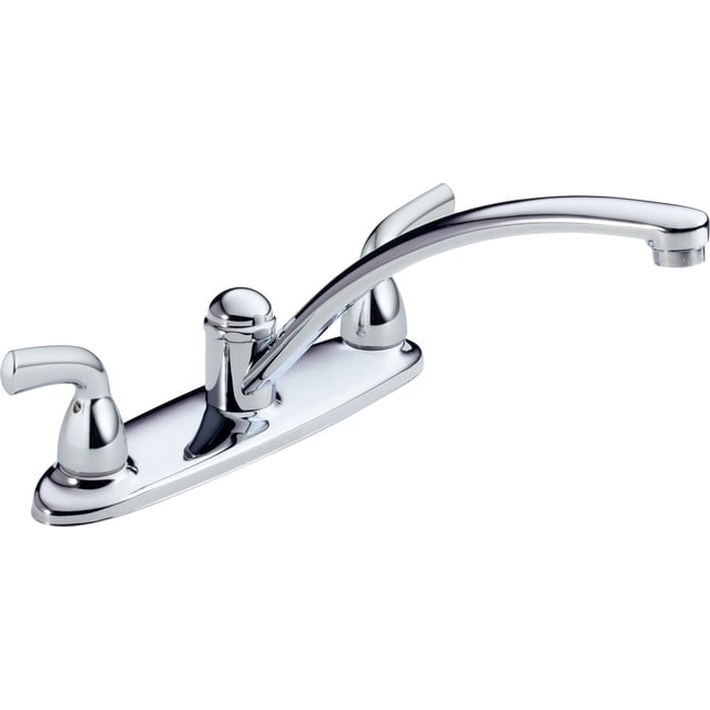 Peerless® Robinet de Cuisine à Deux Poignées Chrome avec Fini Chrome Poli, Bec Courbé et Deux Poignées à Levier sur une Plaque de base de 8 Pouces pour une installation à 3 Trous, Débit de 2,2 gallons par minute, Convient aux Rénovations de Cuisine Économiques.