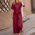 thumbnail image 1 of Tenues d'Été en Coton et Lin 2 Pcs pour Femmes, Ensembles 2 Pcs en Coton et Lin pour Femmes avec Hauts Courts à Bretelles et Pantalons à Jambes Larges, Tenues Décontractées Amples Unies à Col Rond et Manches Courtes, 1 of 6