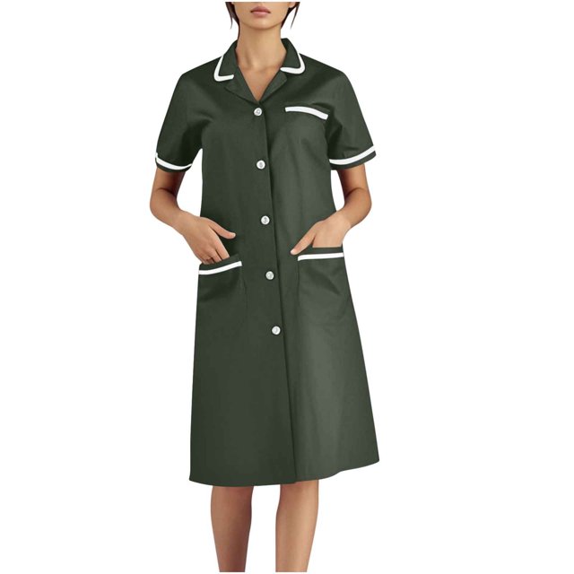 Xfvqtps Robe d'Infirmière pour Femmes avec Poches, Boutons, Manches Courtes, Empiècement, Col à Revers, Robe de Travail pour Préposée, Vert Olive