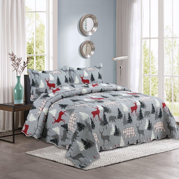 Marina Decoration Rich Printed Embossed Pinsonic Coverlet Bedspread Ultra Soft Bedding Summer Quilt Set with Shams, Cabin Reindeer Moose Bear Pattern