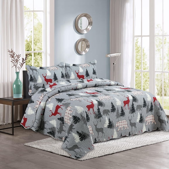 Marina Decoration Rich Printed Embossed Pinsonic Coverlet Bedspread Ultra Soft Bedding Summer Quilt Set with Shams, Cabin Reindeer Moose Bear Pattern