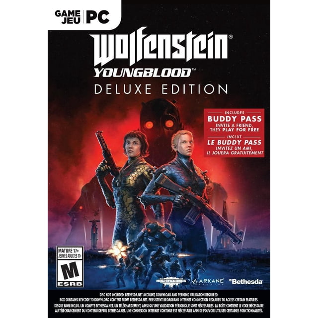 Wolfenstein: Youngblood Deluxe Edition (PC) game cover featuring Jess and Soph, BJ Blazkowicz's twin daughters, armed and standing against a backdrop of a dystopian Paris. The Deluxe Edition includes a Buddy Pass for co-op gameplay and the Cyborg Skin Pack with titanium alloy skins, weapons, and an armour-boosting pep signal. Rated M for Mature by ESRB.