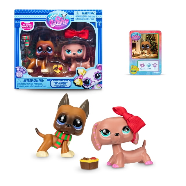 Littlest Pet Shop Cozy Holiday Pet Pairs - Big & Little featuring two bobblin’ pets: a Great Dane wearing a green and red striped scarf and a Dachshund with a red bow. Includes a holiday treat bowl and a collector card with pet personality and rarity, all in festive holiday packaging.
