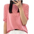 thumbnail image 1 of Olyvenn Women T-Shirt à Manches Courtes en Tricot de Soie Glacée Ajourée pour Femme, Coupe Ample, Col Rond, Chandail Tricoté, Haut, Rose G, 1 of 3