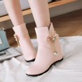 thumbnail image 1 of EGNMCR Bottines pour Femmes Dames Mode Couleur Unie Nœud Perle Décoratif Talon Compensé Bottes Mi-Hautes Bottes pour Femmes Bout Rond, 1 of 9
